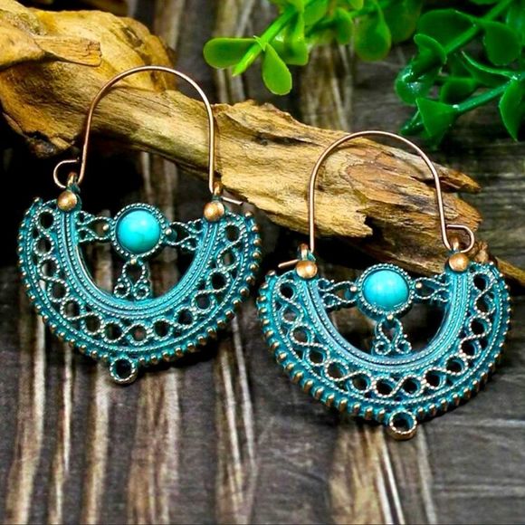 Jewelry - Turquoise and Patina Brass Boho Hoop Earrings